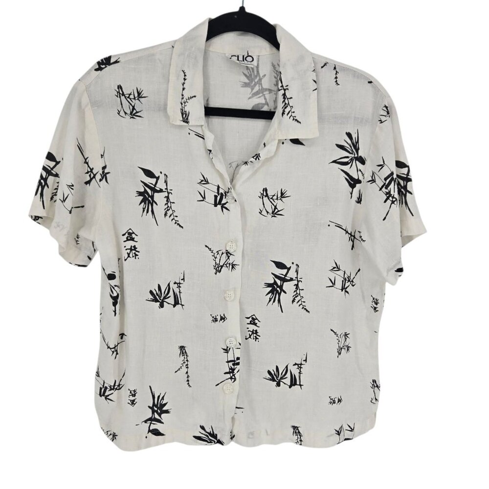 Clio petites womens size Large white black tropical leaf branch print linen top